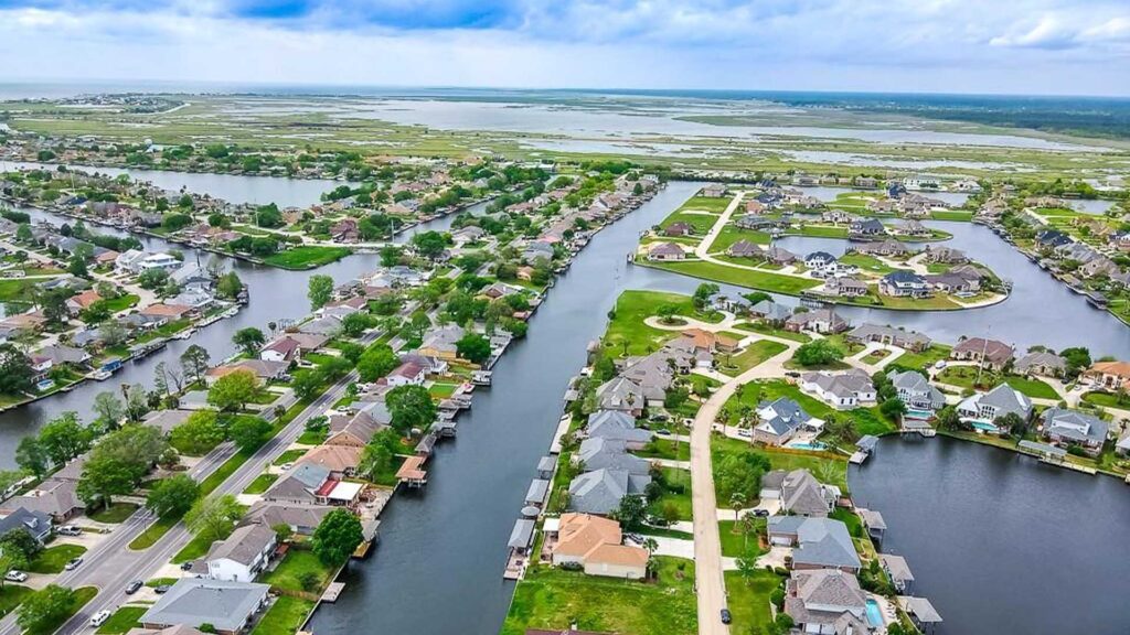 Aerial view of Eden Isles waterfront neighborhood